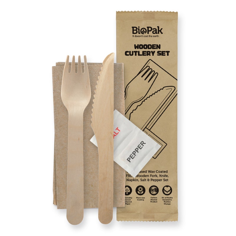 BioPak 16cm Coated Wood Knife, Fork, Napkin, Salt & Pepper Set 400pc
