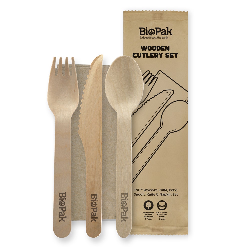 BioPak 16cm Wood Knife, Fork, Spoon & Napkin Set 400pc