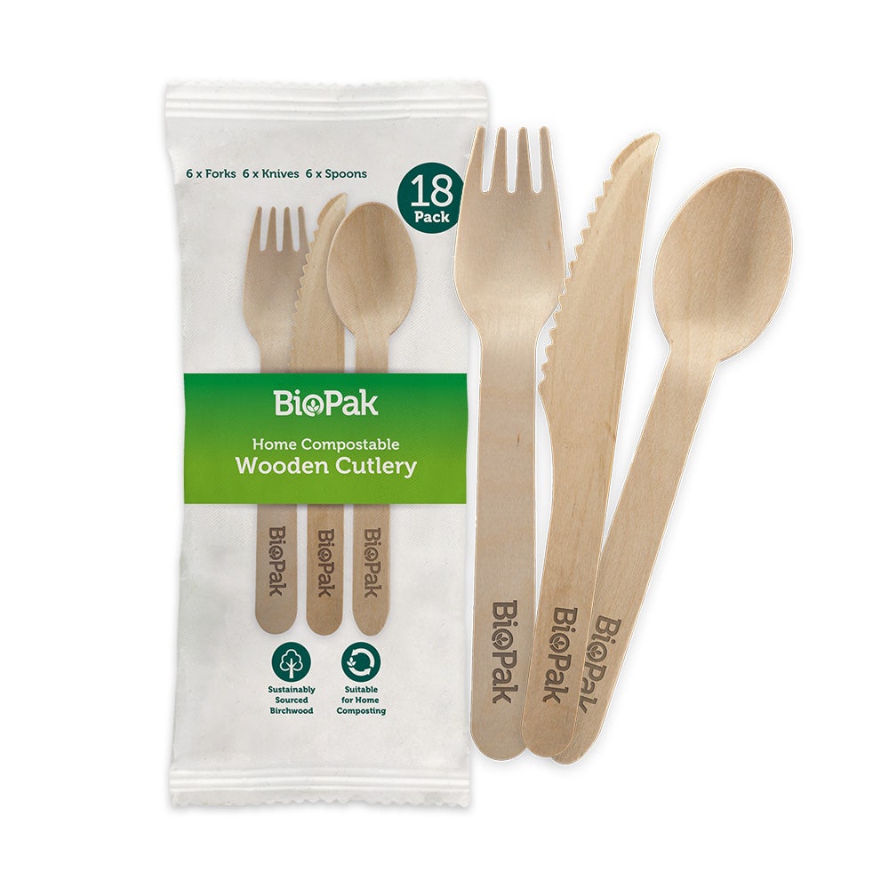 BioPak Retail 16cm Wood Knife, Fork, Spoon & Napkin Set 20pk 280pc