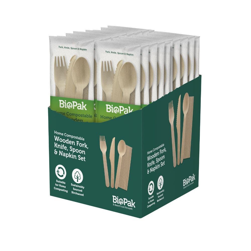 BioPak Retail 16cm Wood Knife, Fork & Spoon 18pk x 20 Packs