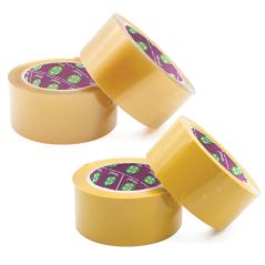 Three rolls of yellow tape with purple labels on a white background