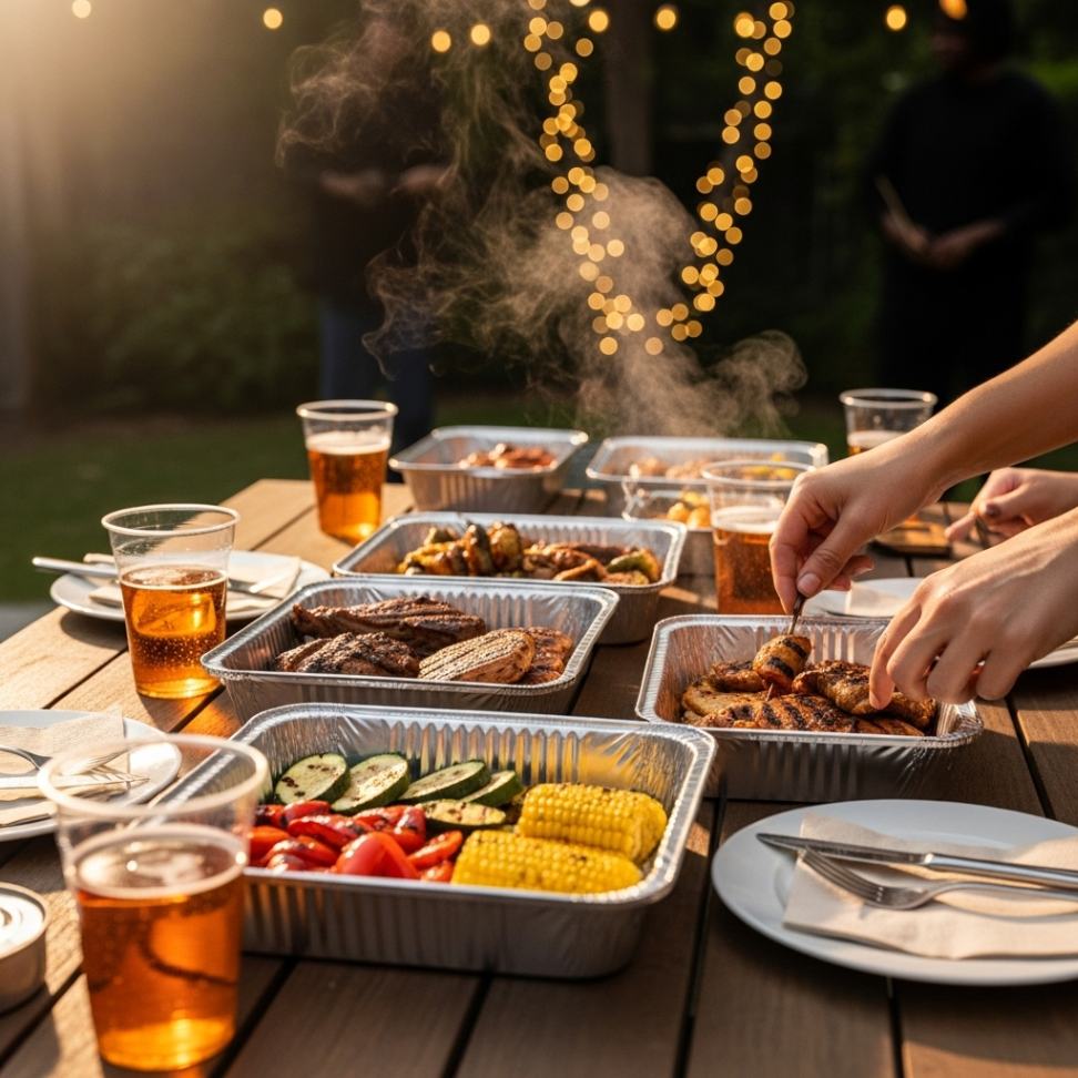 People at an outdoor wooden table enjoying grilled meats, chicken, veggies, and corn in foil trays, with beer cups and steam rising, under string lights at sunset.