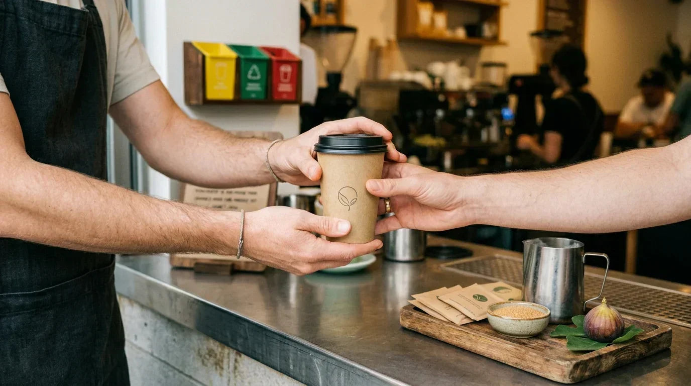 barista handing over a biodegradable coffee cup to a customer across a counter
