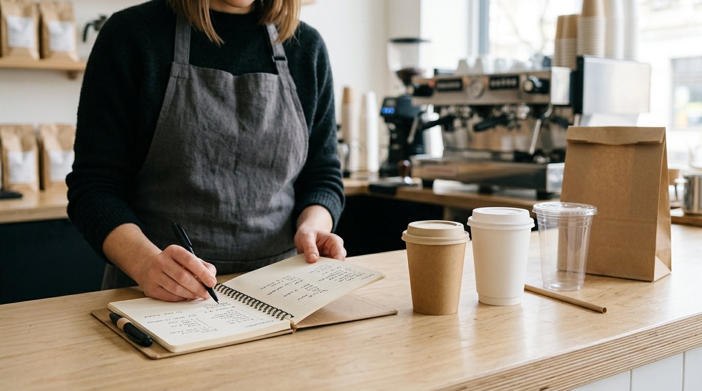 A barista wearing an apron writing in a notebook at a coffee shop counter with cups and a bag
