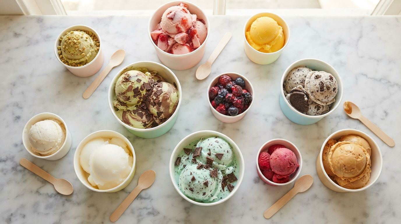 Assorted pastel gelato and ice cream paper cups in different sizes filled with colourful scoops