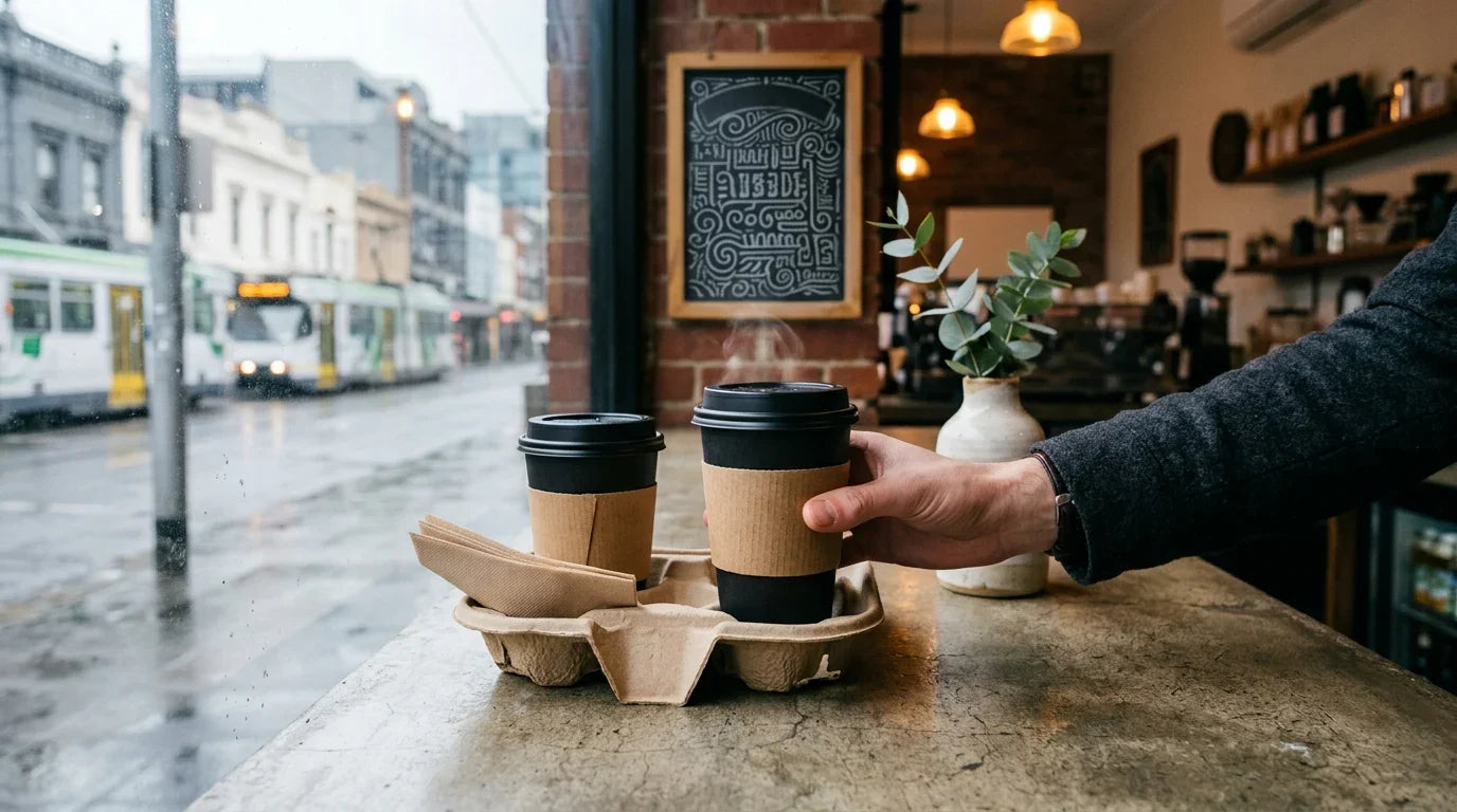 Person's hand holding a coffee cup on a tray with another cup next to it on a counter