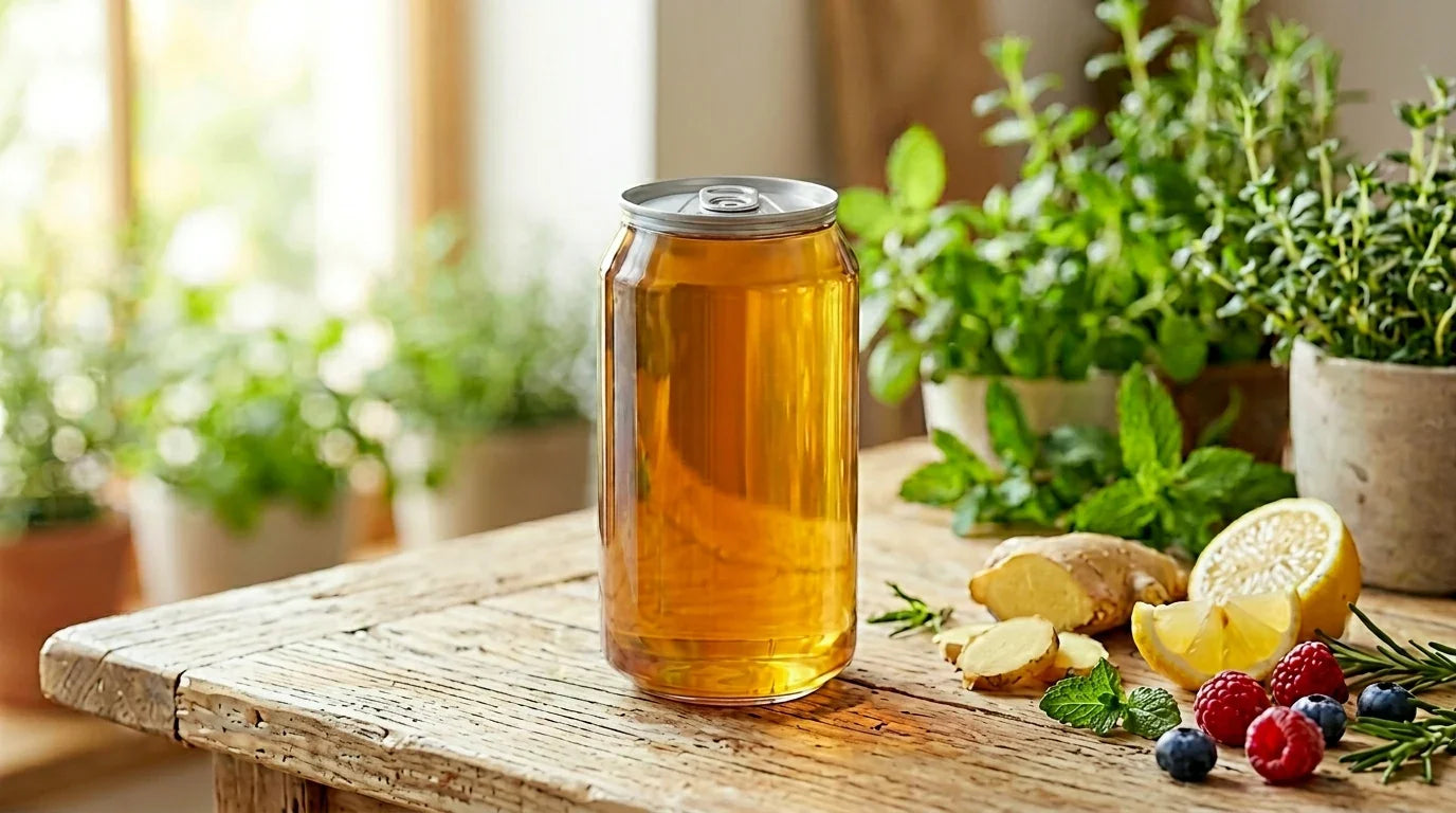 A can of herbal tea on a wooden table with fruits, ginger, and potted plants nearby