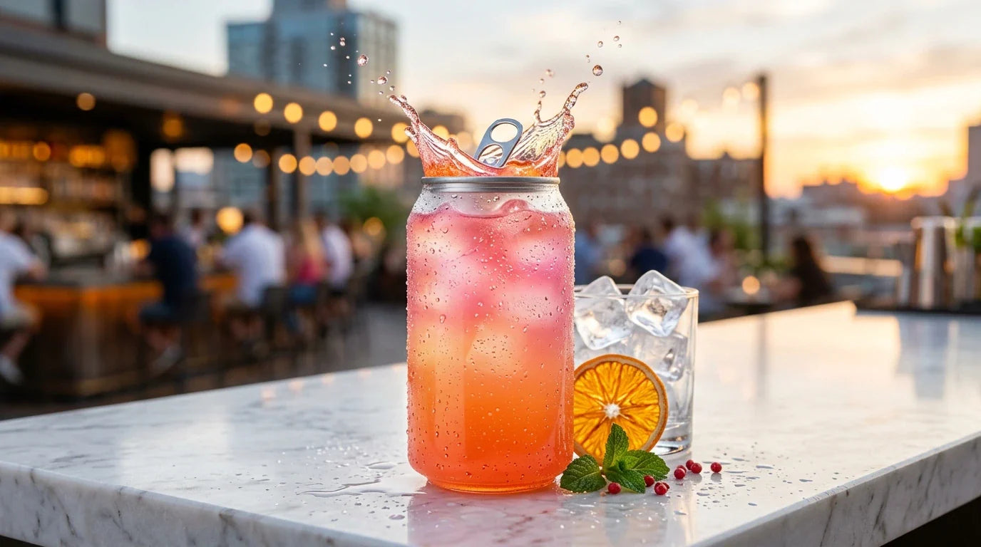 A refreshing summer drink in a mason jar with a splash, ice, and fruit on a bar at sunset