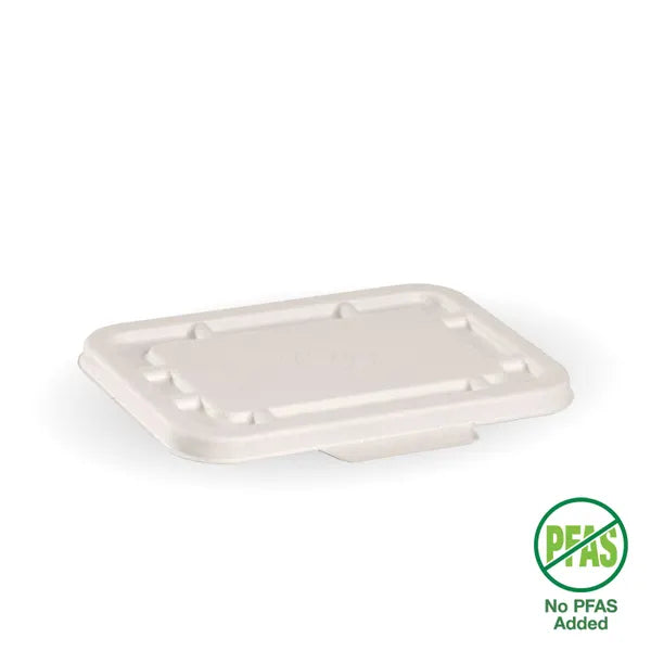 A compostable Pakio rectangular food container lid with a "No PFAS Added" certification seal, ensuring non-toxic and safe food packaging.