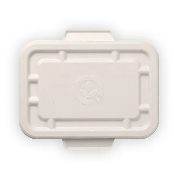 A premium Pakio white compostable sugarcane food container with a secure matching lid, designed for eco-friendly takeaway and catering services.