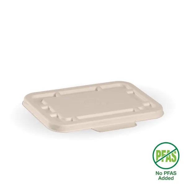 A compostable Pakio rectangular food container lid with a "No PFAS Added" certification seal, ensuring non-toxic and safe food packaging.