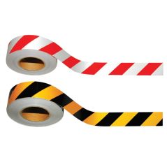 Two rolls of warning tape, one red and white, the other black and yellow, on a white background.
