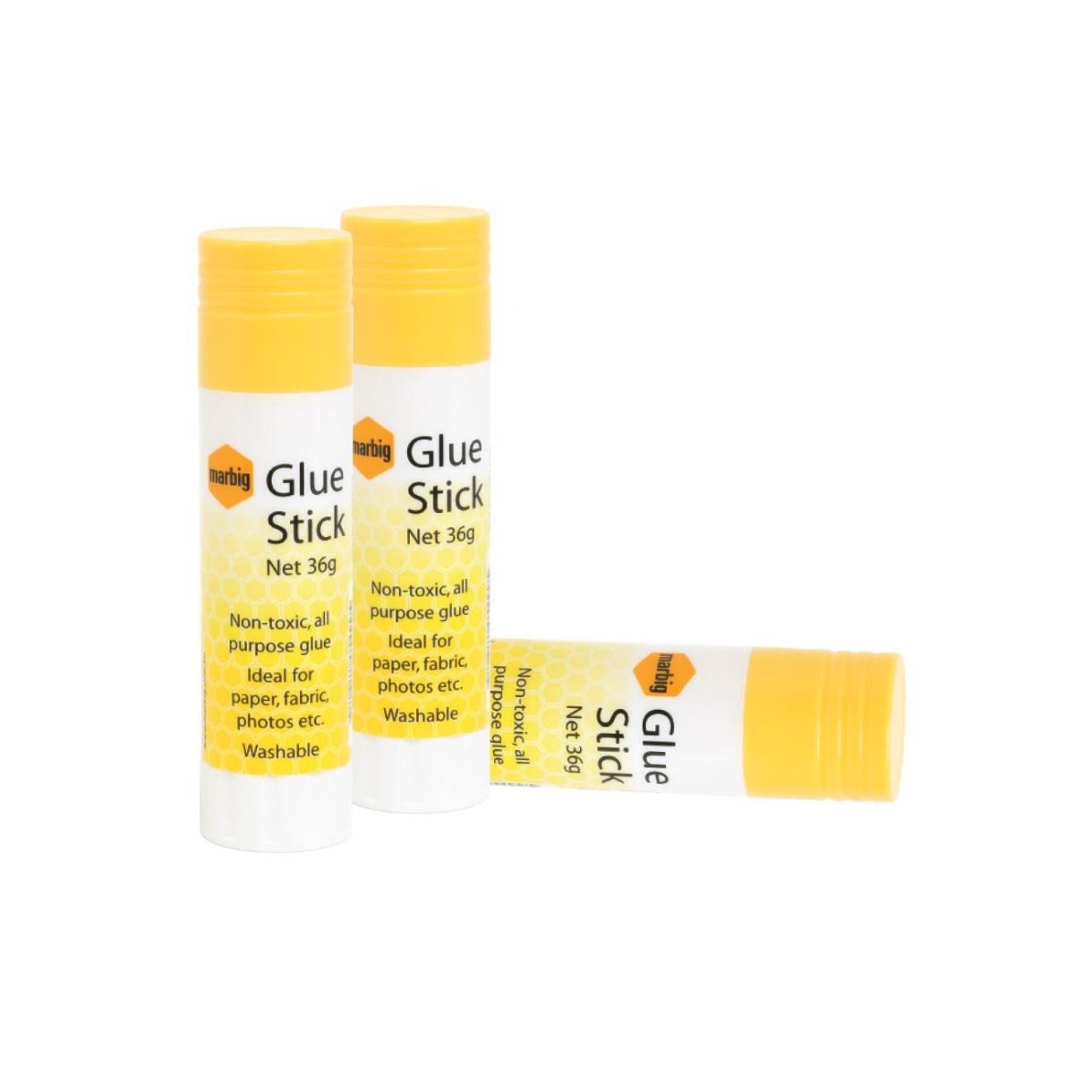Three glue sticks with yellow and white packaging on a white background