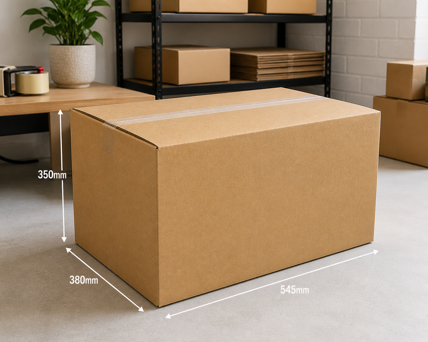 Cardboard box with dimensions on a floor, surrounded by other boxes and a plant.