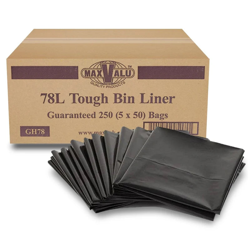 78L Premium All-Purpose Bin Liners Black 91x76cm - 250 Bags