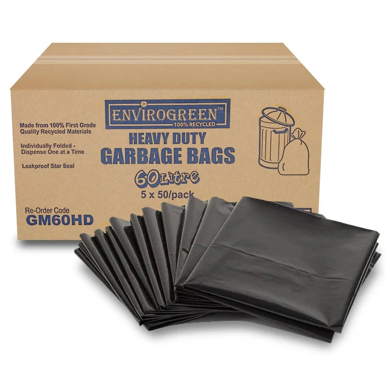 Heavy Duty 60L Black Recycled Garbage Bags 85x63cm - 250 Bags