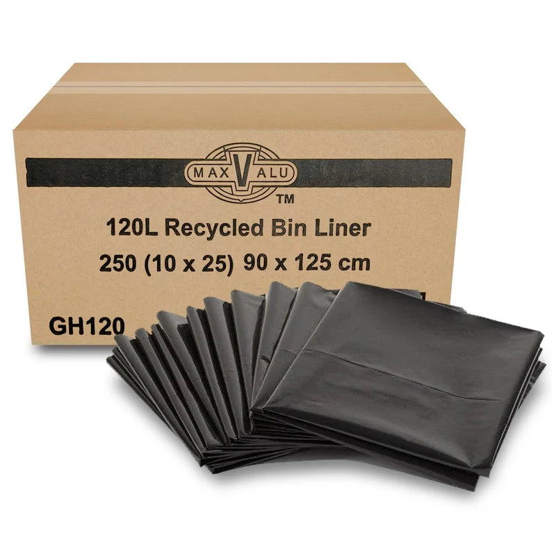 120L Premium All-Purpose Bin Liners Black 125x90cm Flat Seal - 250 Bags