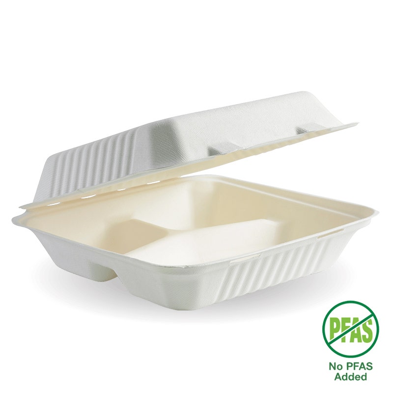 BioPak 23x23x8cm White 3 Compartment Clamshell 200pc