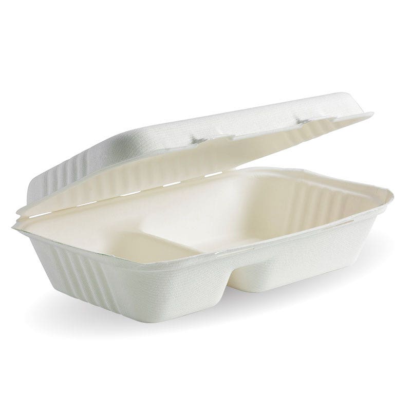 BioPak 23x15x8cm (9x6x3") White 2 Compartment Clamshell 250pc
