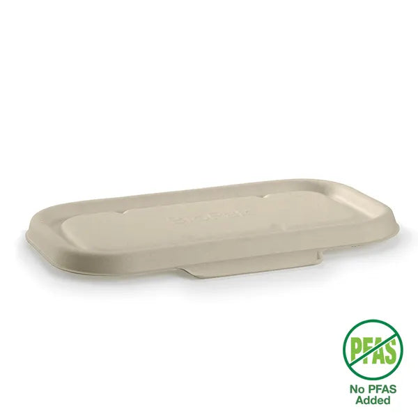A compostable Pakio rectangular food container lid with a "No PFAS Added" certification seal, ensuring non-toxic and safe food packaging.