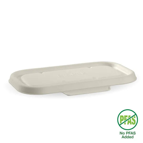 A compostable Pakio rectangular food container lid with a "No PFAS Added" certification seal, ensuring non-toxic and safe food packaging.