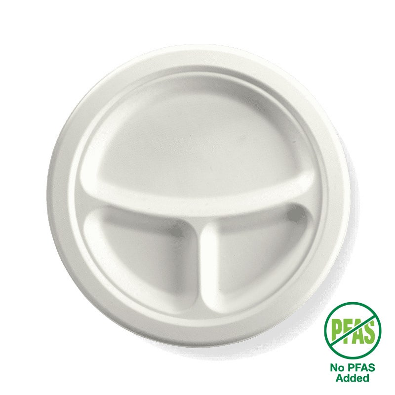 BioPak 23cm (9") White 3 Compartment Round Plate 500pc