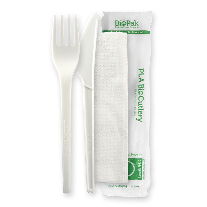 BioPak 16.5cm (6.5") PLA Knife, Fork & Napkin Set White 250pc