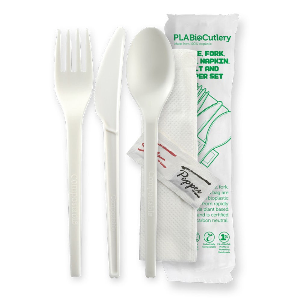 BioPak 16.5cm (6.5") PLA Knife, Fork, Spoon, Napkin, Salt & Pepper Set White 250pc