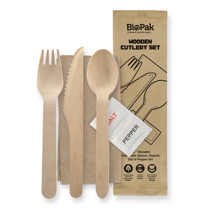 BioPak 16cm Coated Wood Knife, Fork, Spoon, Napkin, Salt & Pepper Set 400pc