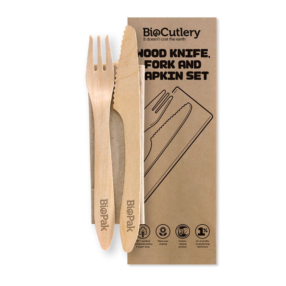 BioPak 19cm Coated Wood Knife, Fork & Napkin Set 400pc