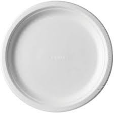 A top-down view of a Pakio plain white compostable sugarcane round plate, ideal for eco-friendly catering and disposable tableware.