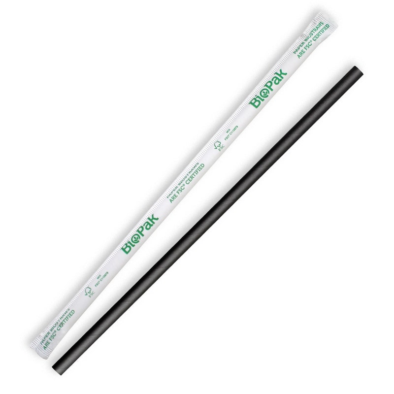 BioPak 6mm Black Individually Wrapped Straight Straw 2500pc