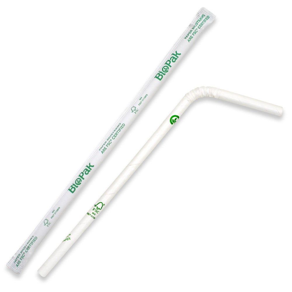 BioPak 6mm White Individually Wrapped Bendy Straw 2500pc