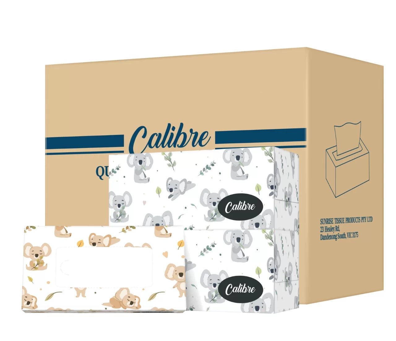 
A large cardboard box and three individual tissue boxes featuring the brand name "Calibre." The packaging is decorated with cute, illustrated koala patterns and eucalyptus leaves. One box is lying flat, while two others are stacked vertically. The main cardboard box includes the manufacturer's name, "Sunrise Tissue Products Pty Ltd," and an address in Dandenong South, VIC.