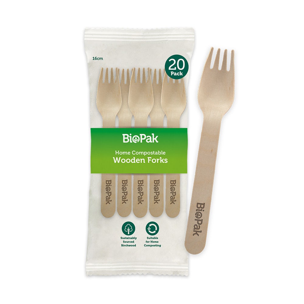 BioPak Retail 16cm Wood Fork 20pk x 20 Packs