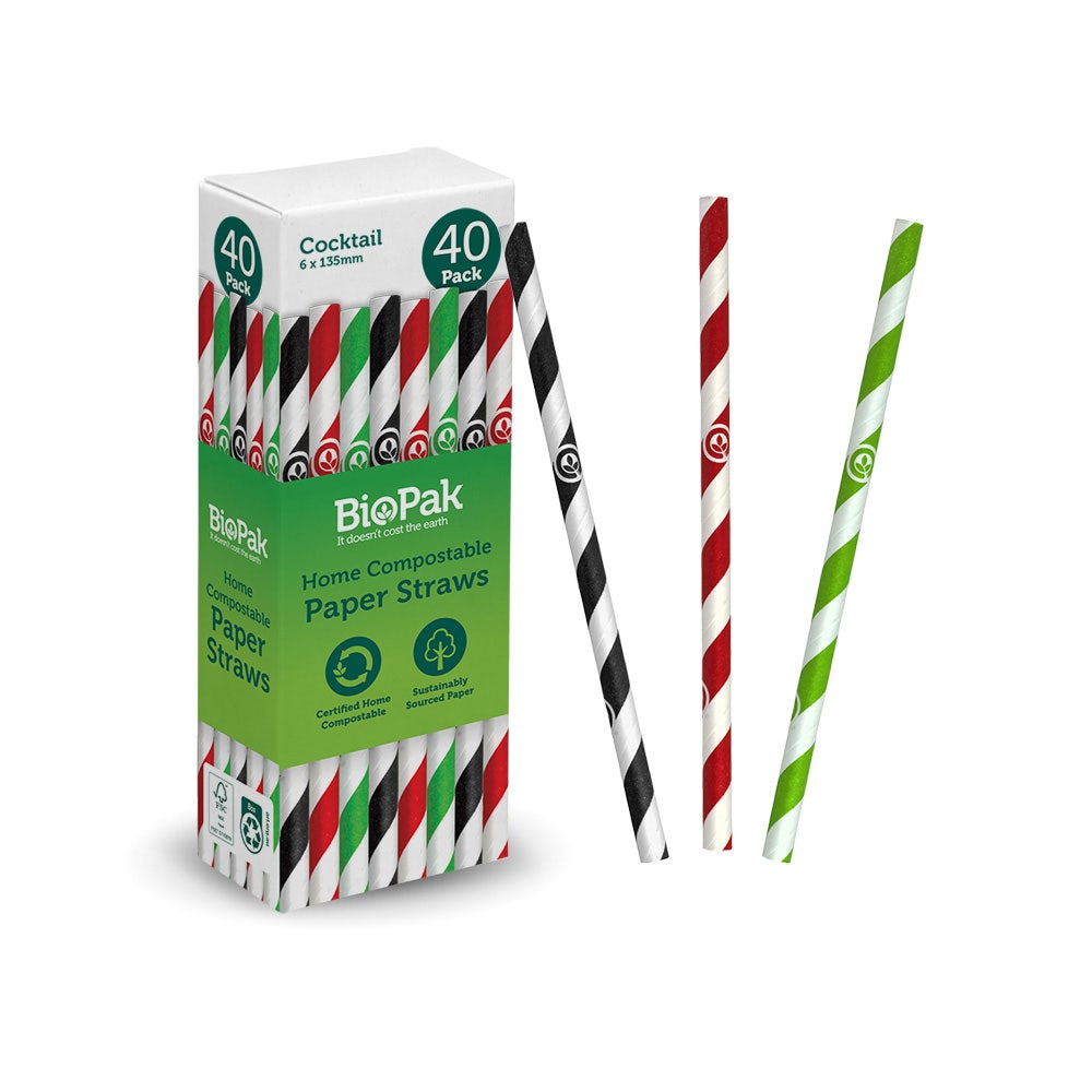 BioPak Retail 6mm x 135mm Mixed Paper Straws 40pk 560pc